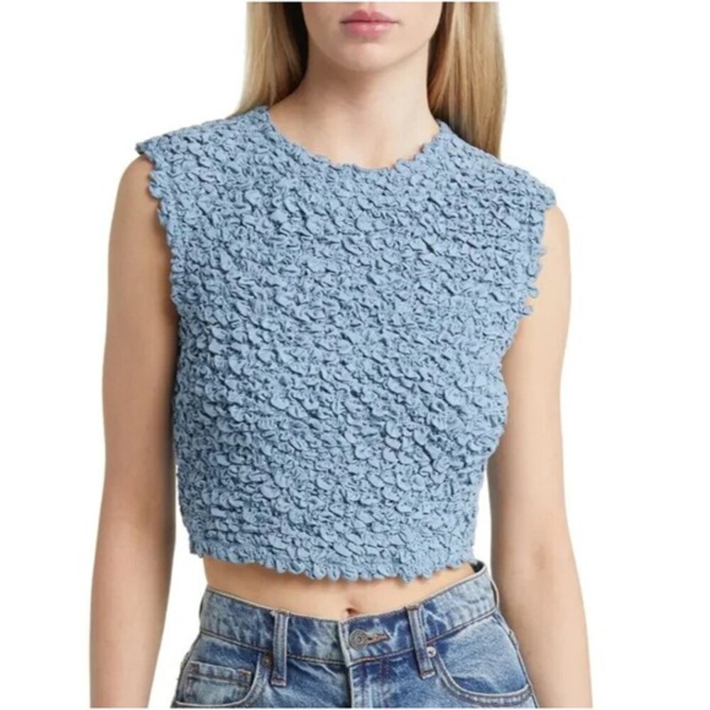 Open Edit Blue Popcorn Top Y2K Retro-Futurist‎ Minimalist Smocked Bubble Tank XS